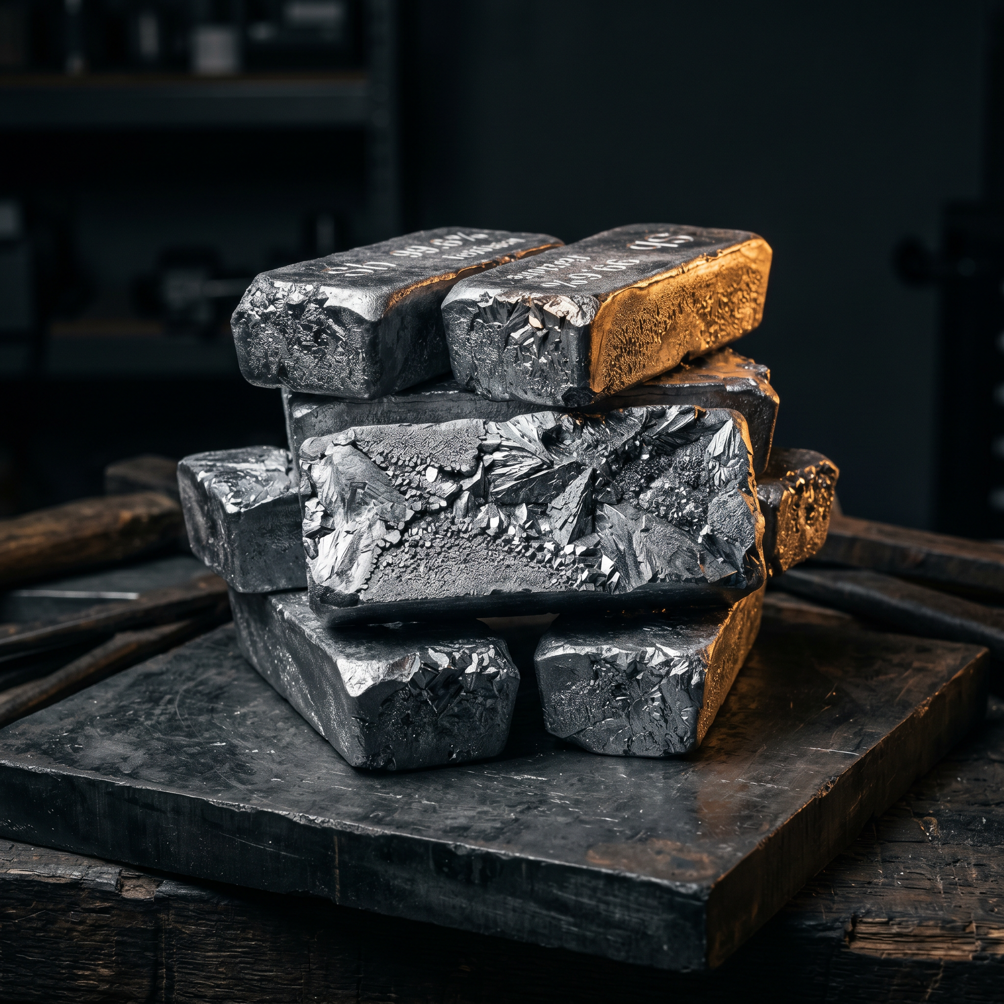 Stacked antimony metal ingots with crystalline fracture surfaces