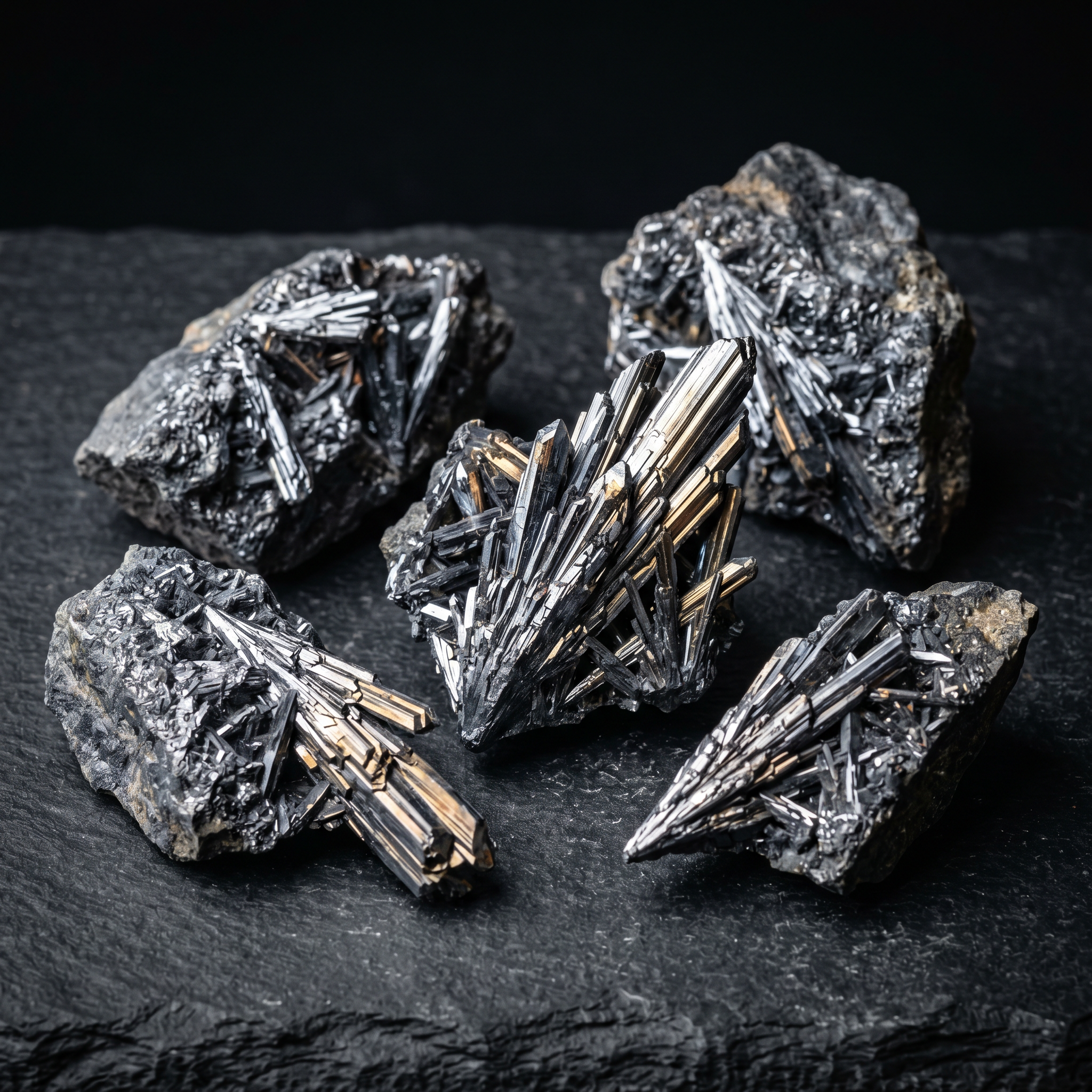 Raw stibnite antimony ore specimens with metallic crystal blades